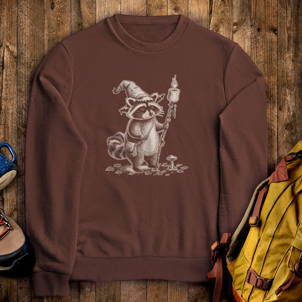 The S'morecerer Racoon Crewneck Sweatshirt Cocoa Adventure and Outdoors Themed Sweatshirt