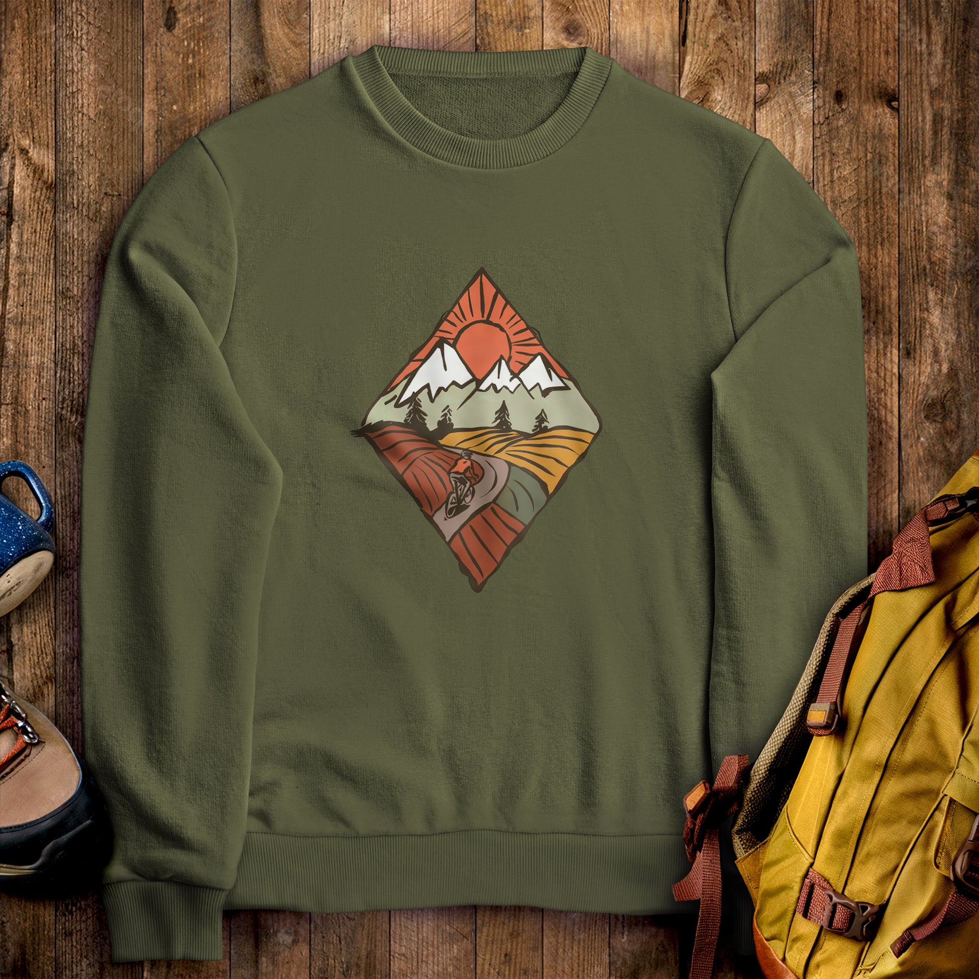 Pedal to the Peaks Bicyling Crewneck Sweatshirt Military Green Adventure and Outdoors Themed Sweatshirt