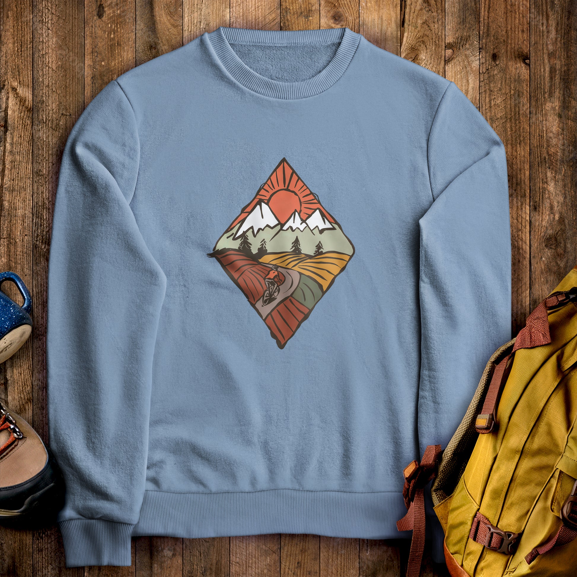 Pedal to the Peaks Bicyling Crewneck Sweatshirt Stone Blue Adventure and Outdoors Themed Sweatshirt