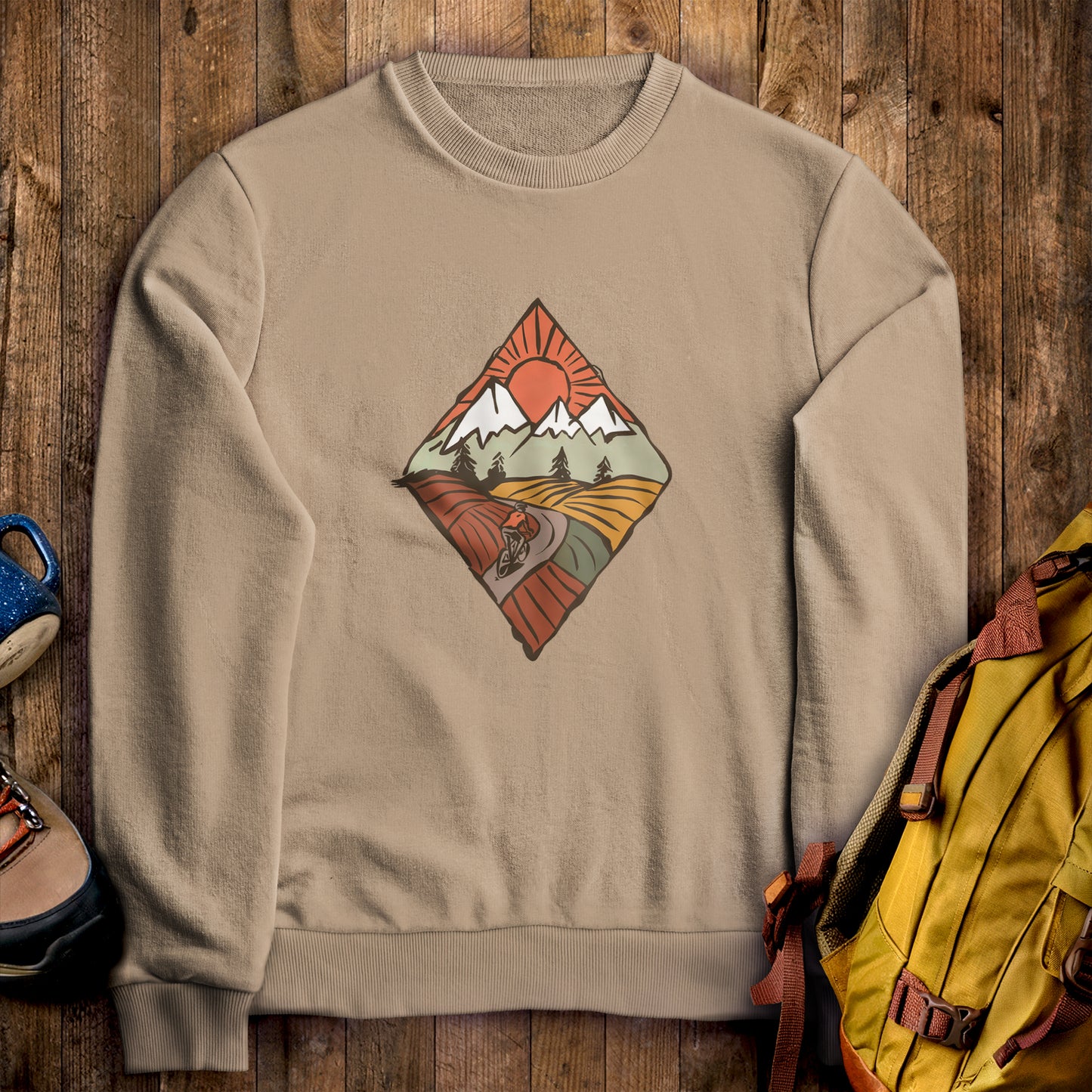 Pedal to the Peaks Bicyling Crewneck Sweatshirt Sand Adventure and Outdoors Themed Sweatshirt