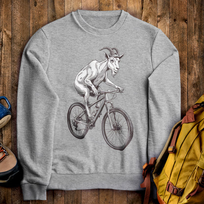 Mountain Goat on a Bike Crewneck Sweatshirt Sport Grey Adventure and Outdoors Themed Sweatshirt