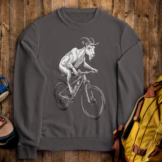 Mountain Goat on a Bike Crewneck Sweatshirt Charcoal Adventure and Outdoors Themed Sweatshirt