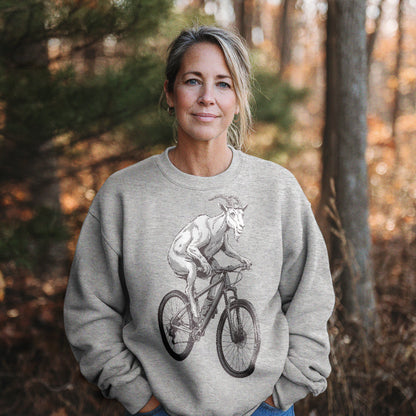 Mountain Goat on a Bike Crewneck Sweatshirt Adventure and Outdoors Themed Sweatshirt