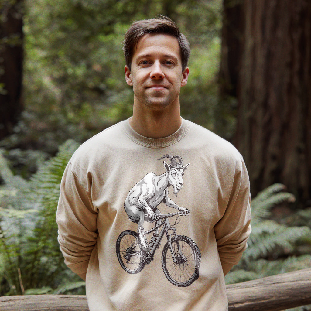Mountain Goat on a Bike Crewneck Sweatshirt Adventure and Outdoors Themed Sweatshirt