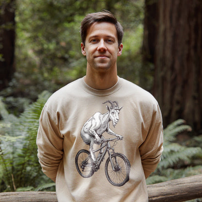 Mountain Goat on a Bike Crewneck Sweatshirt Adventure and Outdoors Themed Sweatshirt