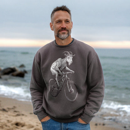 Mountain Goat on a Bike Crewneck Sweatshirt Adventure and Outdoors Themed Sweatshirt