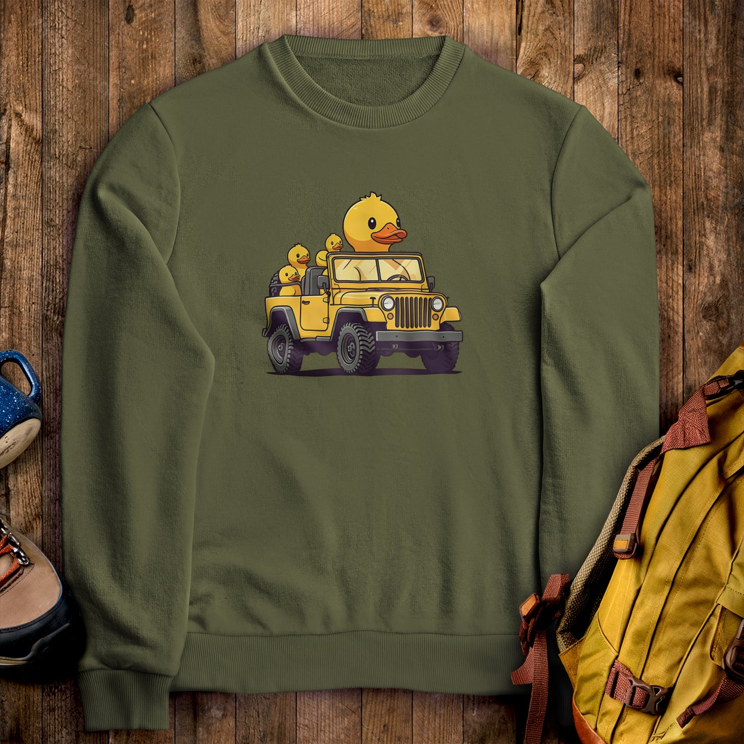 Duck Duck Jeep Crewneck Sweatshirt Military Green Adventure and Outdoors Themed Sweatshirt
