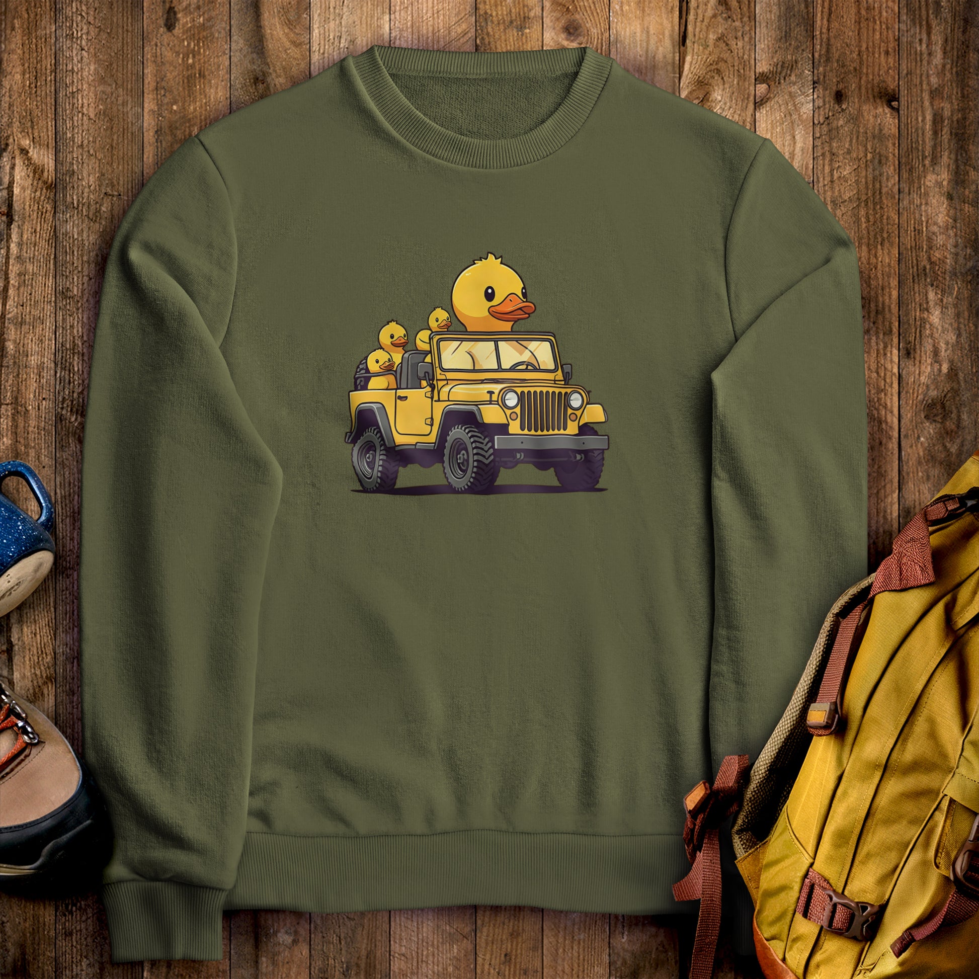Duck Duck Jeep Crewneck Sweatshirt Military Green Adventure and Outdoors Themed Sweatshirt