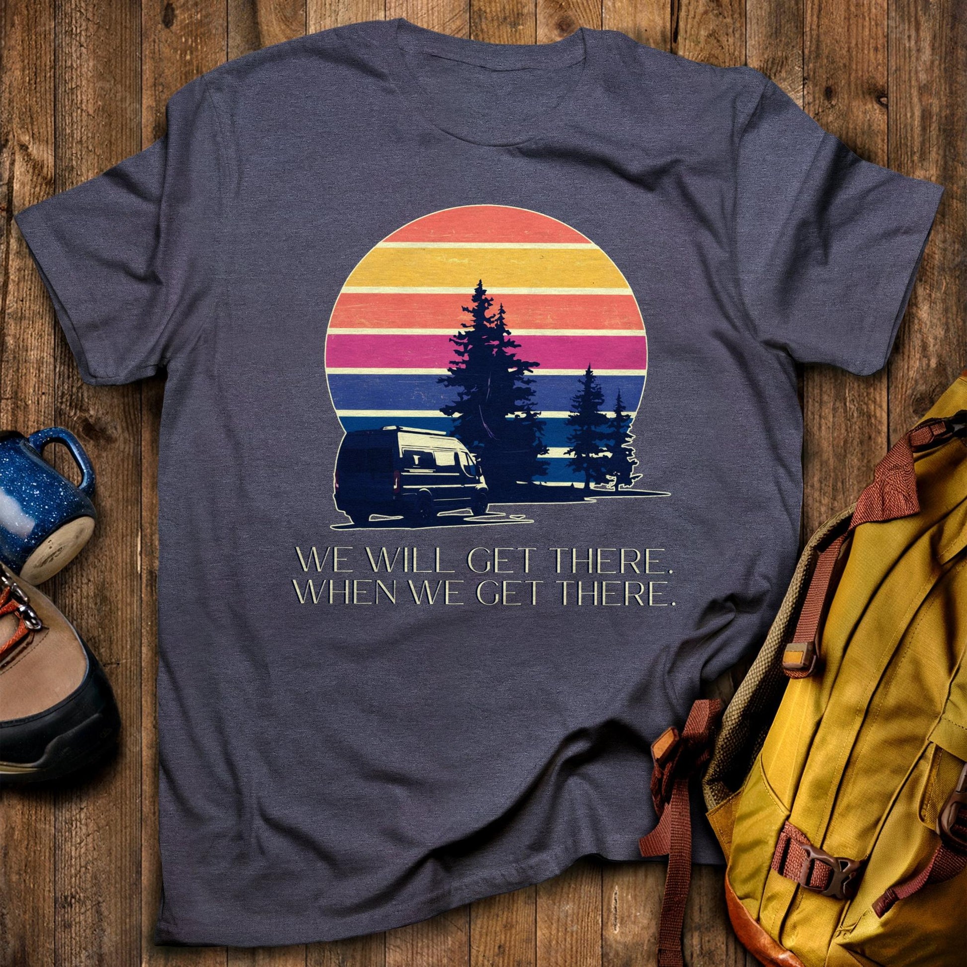 We Will Get There Campervan T-Shirt Heather Navy Adventure and Outdoors Themed T-Shirt