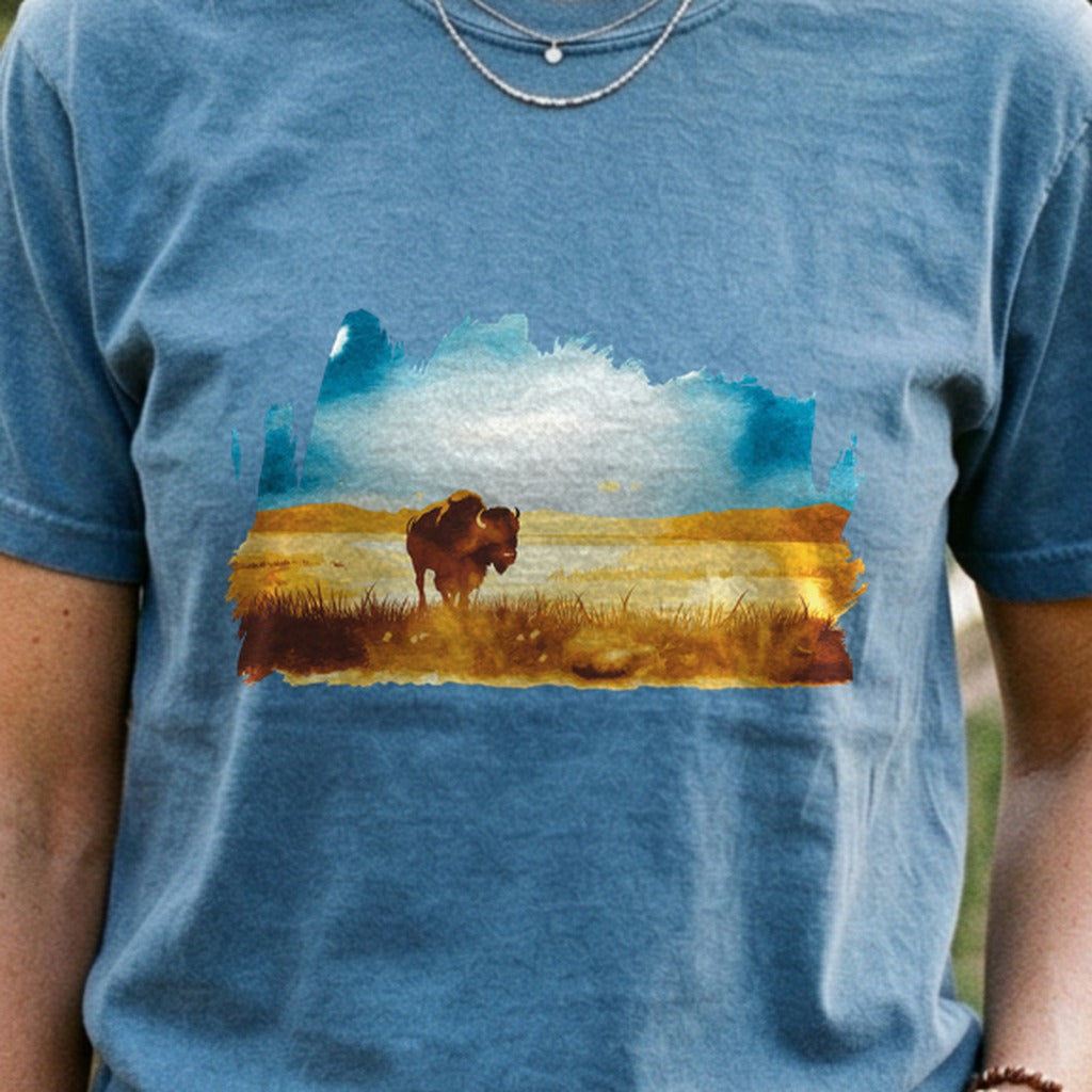 Watercolor Bison Prairie Cotton T-Shirt