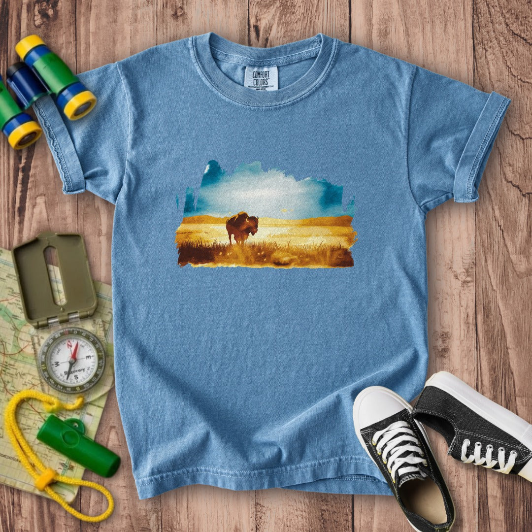 Watercolor Bison Prairie Kids Cotton T-Shirt