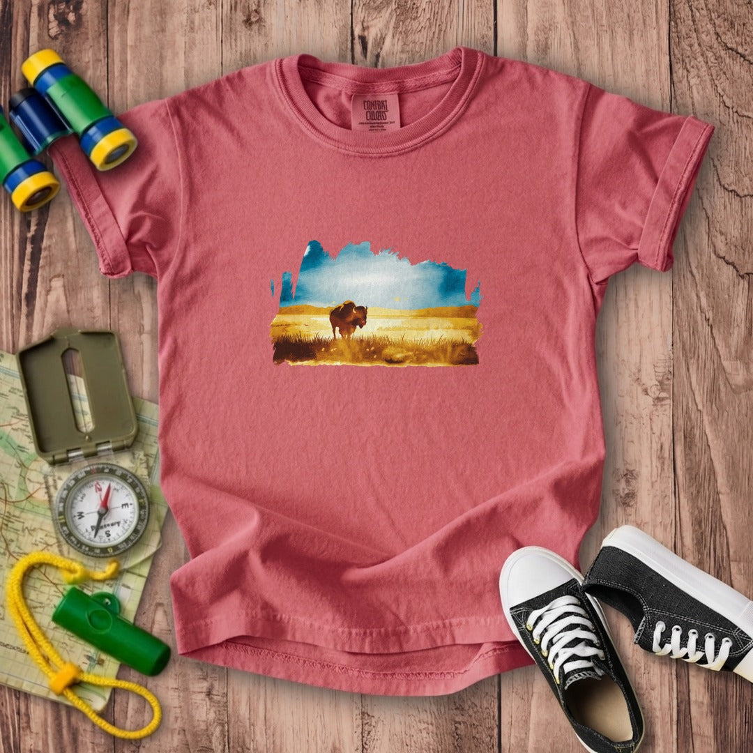 Watercolor Bison Prairie Kids Cotton T-Shirt