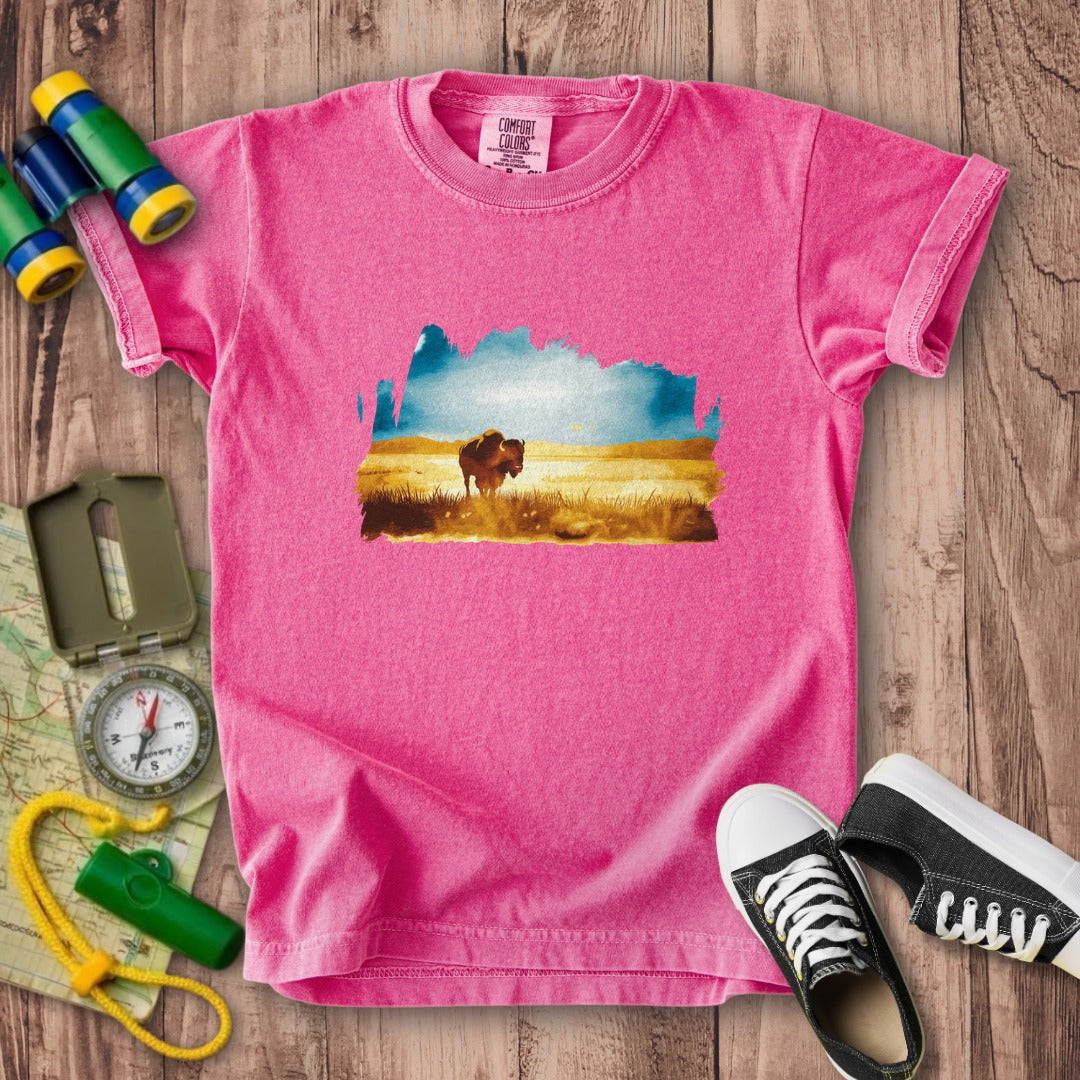 Watercolor Bison Prairie Kids Cotton T-Shirt