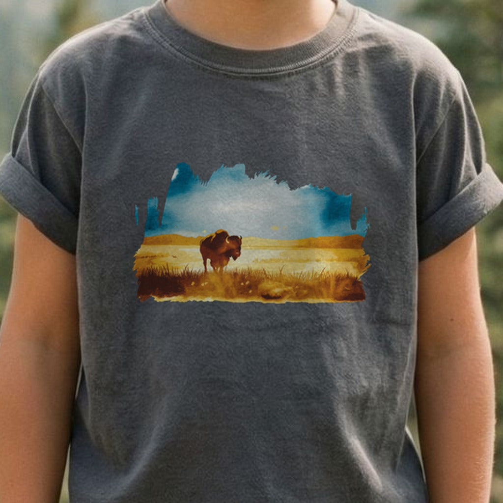 Watercolor Bison Prairie Kids Cotton T-Shirt