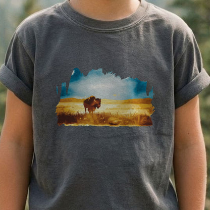 Watercolor Bison Prairie Kids Cotton T-Shirt
