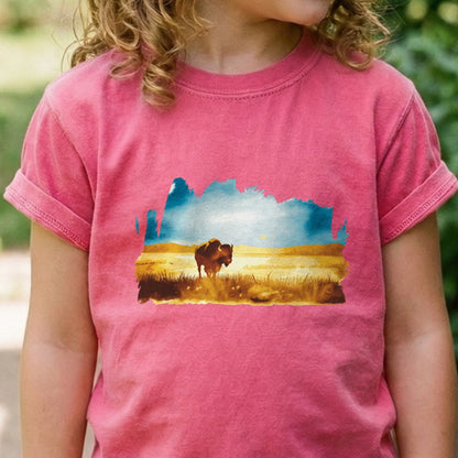 Watercolor Bison Prairie Kids Cotton T-Shirt