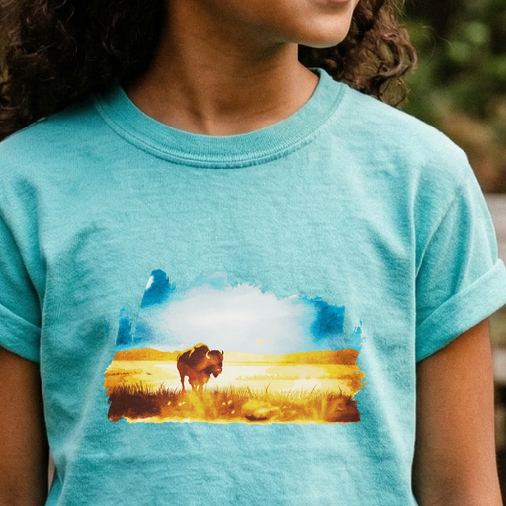 Watercolor Bison Prairie Kids Cotton T-Shirt