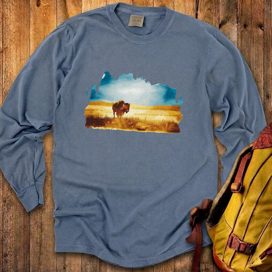 Watercolor Bison Prairie Cotton Long Sleeve