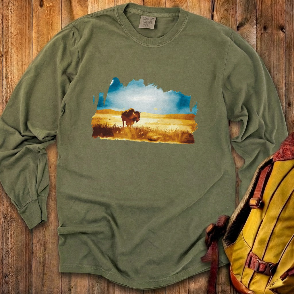 Watercolor Bison Prairie Cotton Long Sleeve