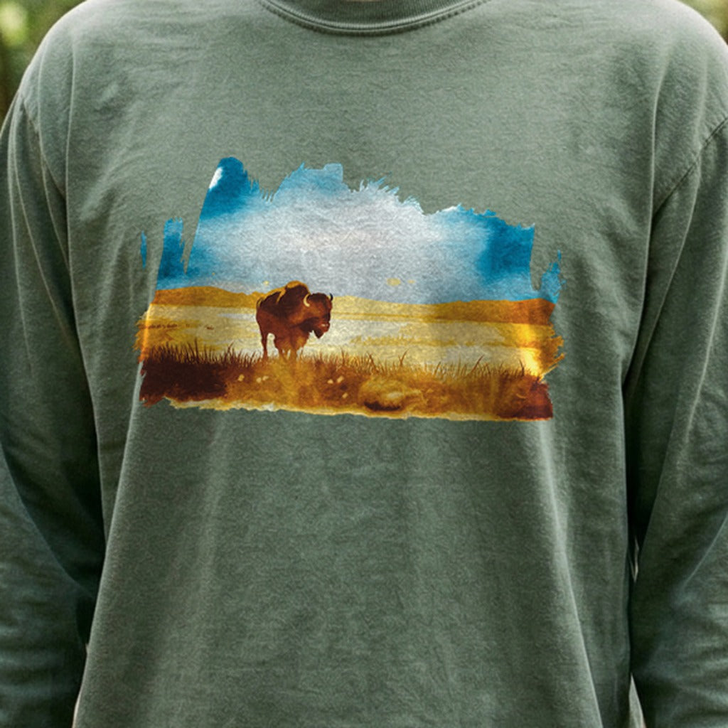 Watercolor Bison Prairie Cotton Long Sleeve