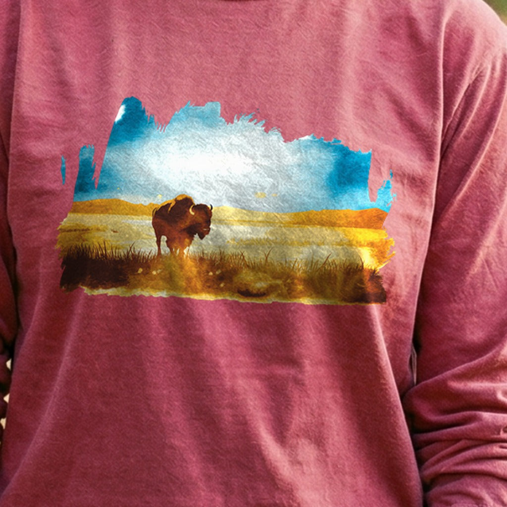 Watercolor Bison Prairie Cotton Long Sleeve