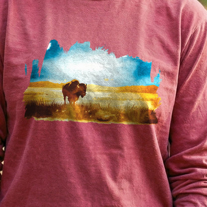 Watercolor Bison Prairie Cotton Long Sleeve
