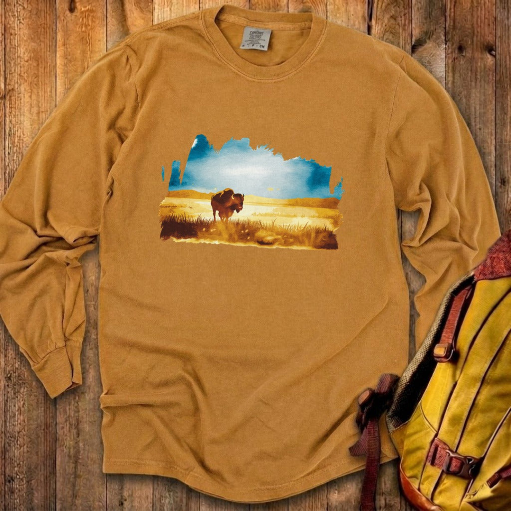 Watercolor Bison Prairie Cotton Long Sleeve