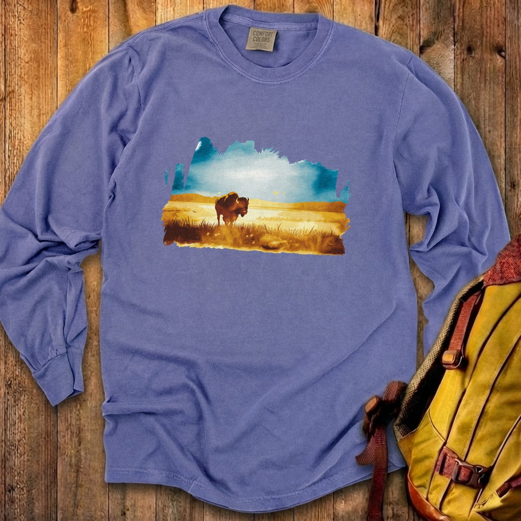 Watercolor Bison Prairie Cotton Long Sleeve