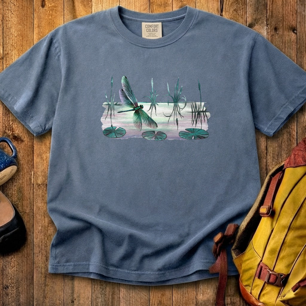 Watercolor Dragonfly on a Lake Cotton T-Shirt