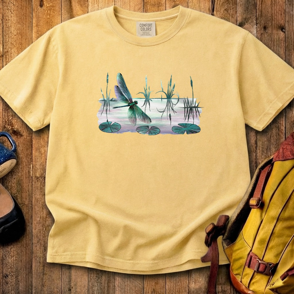 Watercolor Dragonfly on a Lake Cotton T-Shirt