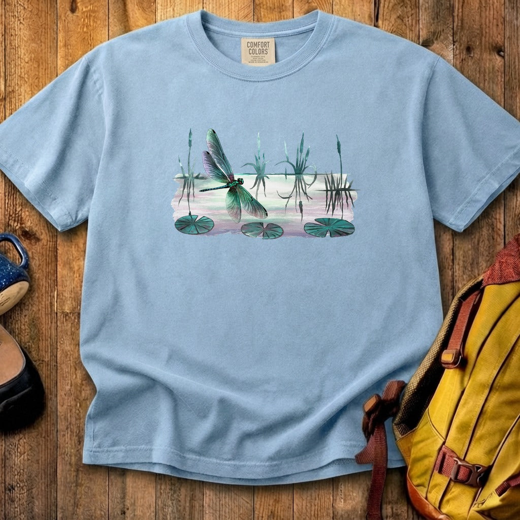 Watercolor Dragonfly on a Lake Cotton T-Shirt