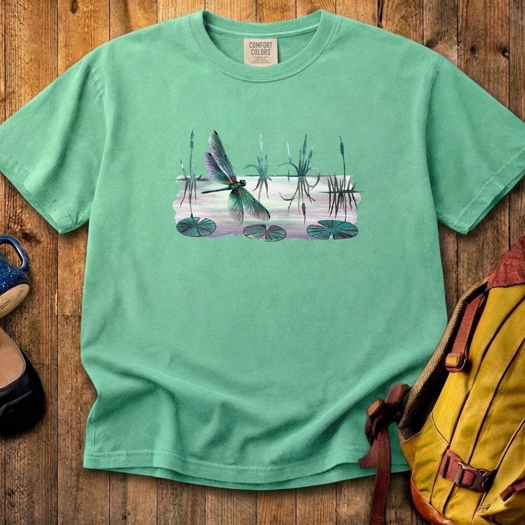 Watercolor Dragonfly on a Lake Cotton T-Shirt