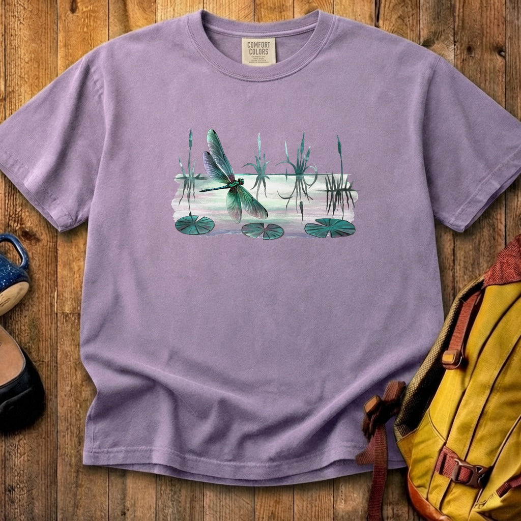 Watercolor Dragonfly on a Lake Cotton T-Shirt
