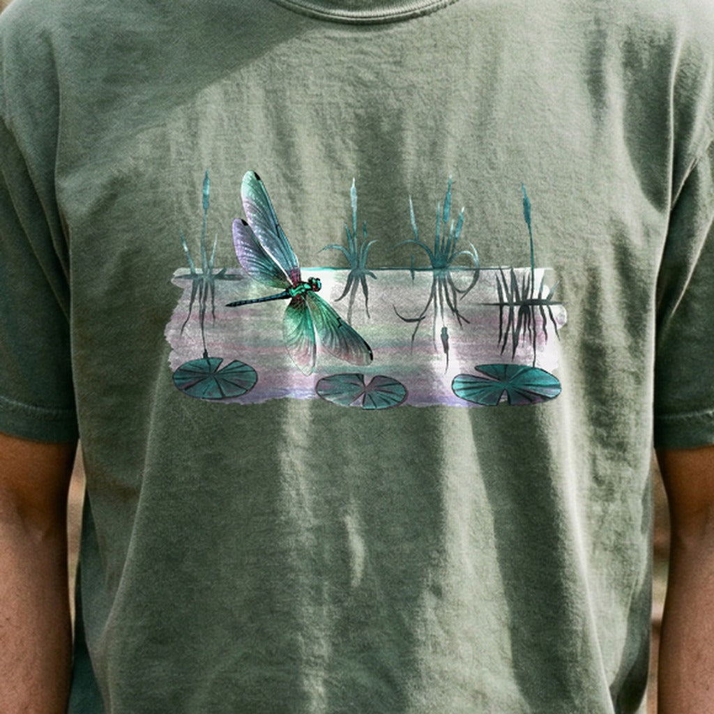 Watercolor Dragonfly on a Lake Cotton T-Shirt