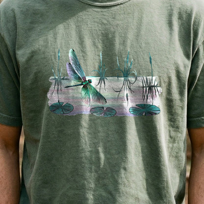 Watercolor Dragonfly on a Lake Cotton T-Shirt