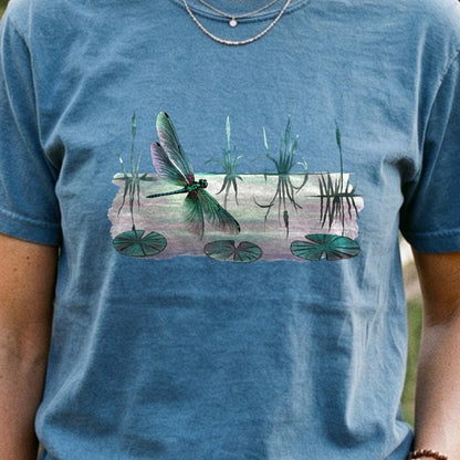 Watercolor Dragonfly on a Lake Cotton T-Shirt