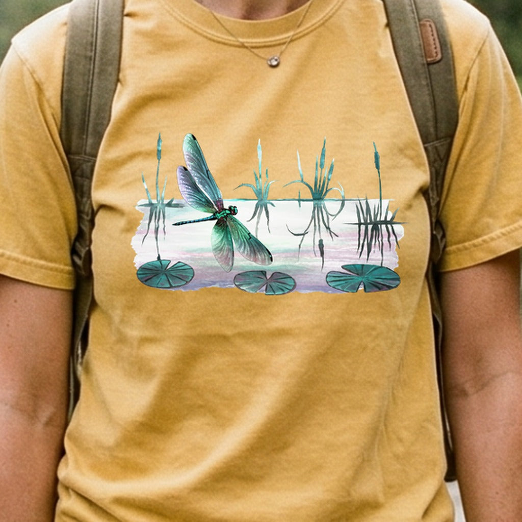 Watercolor Dragonfly on a Lake Cotton T-Shirt