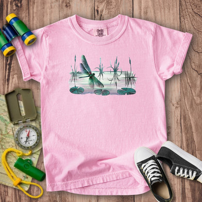 Watercolor Dragonfly on a Lake Kids Cotton T-Shirt