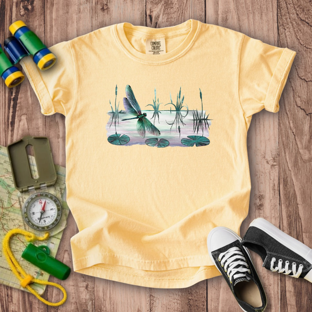 Watercolor Dragonfly on a Lake Kids Cotton T-Shirt