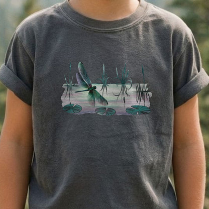 Watercolor Dragonfly on a Lake Kids Cotton T-Shirt