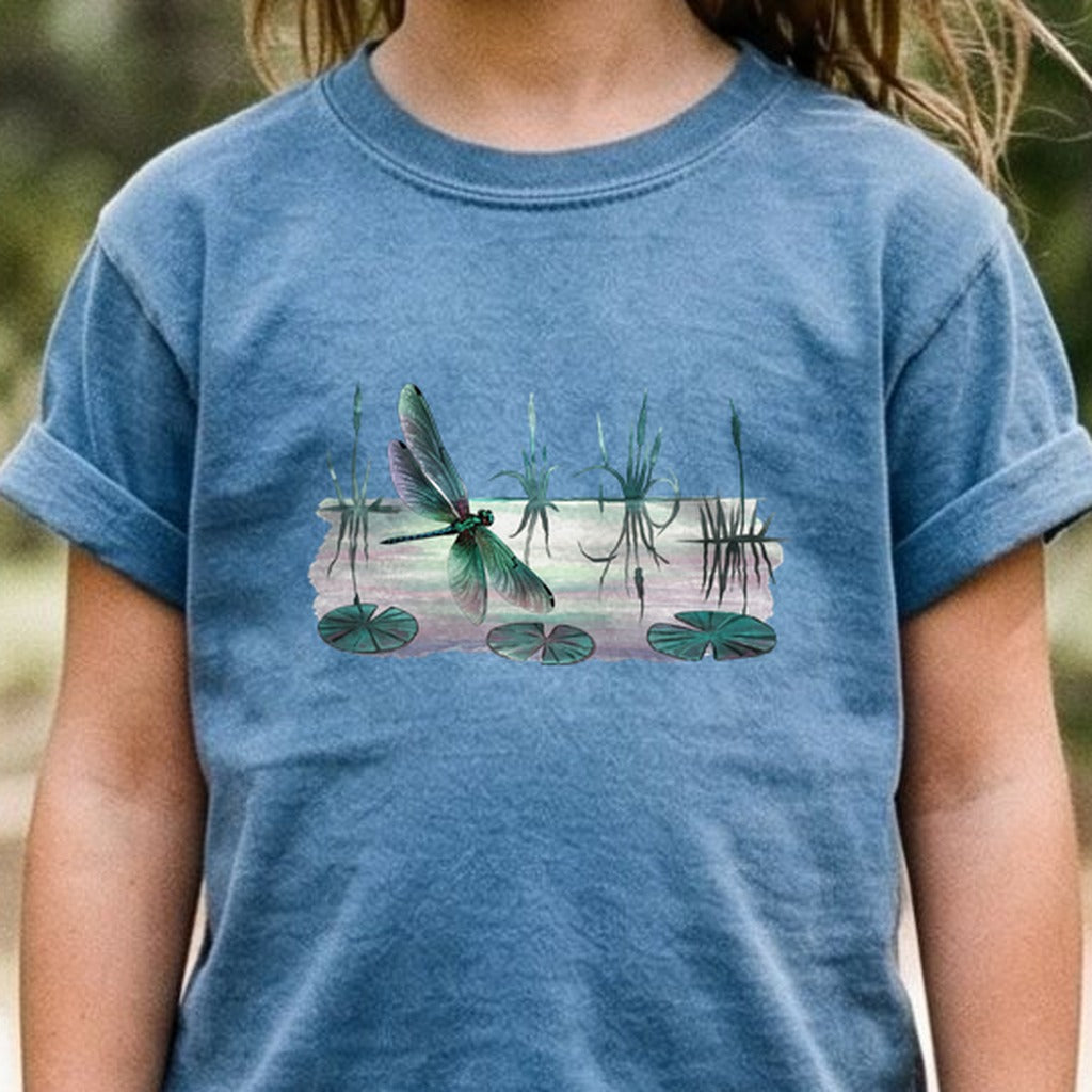 Watercolor Dragonfly on a Lake Kids Cotton T-Shirt