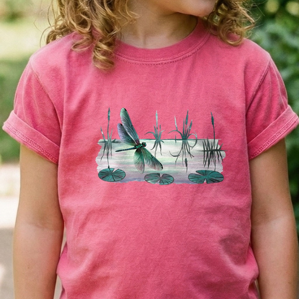 Watercolor Dragonfly on a Lake Kids Cotton T-Shirt