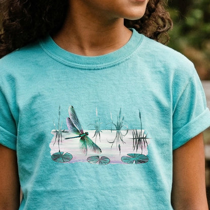 Watercolor Dragonfly on a Lake Kids Cotton T-Shirt
