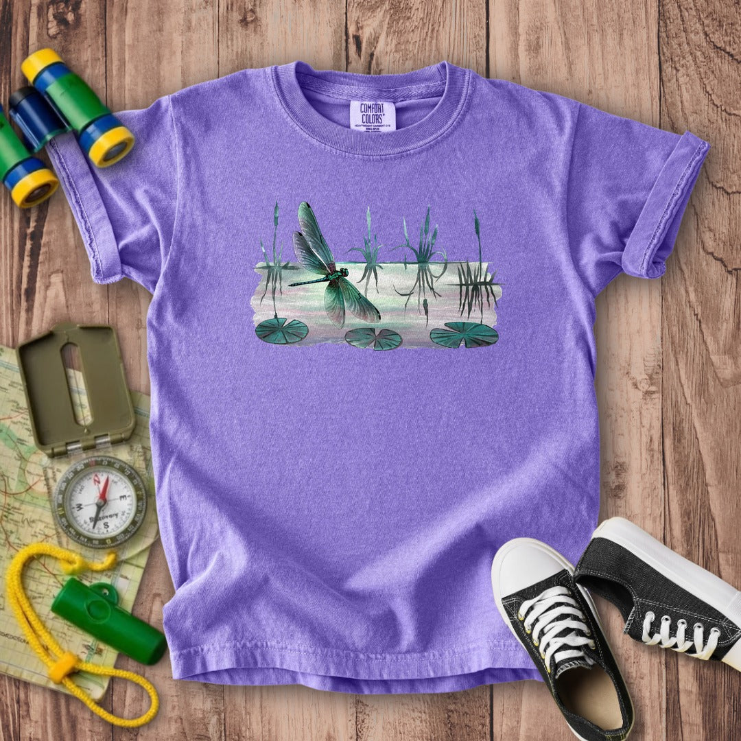 Watercolor Dragonfly on a Lake Kids Cotton T-Shirt