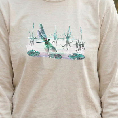 Watercolor Dragonfly on a Lake Cotton Long Sleeve
