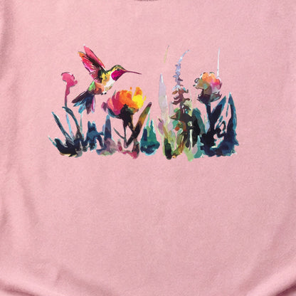 Watercolor Hummingbird with Flowers Cotton T-Shirt