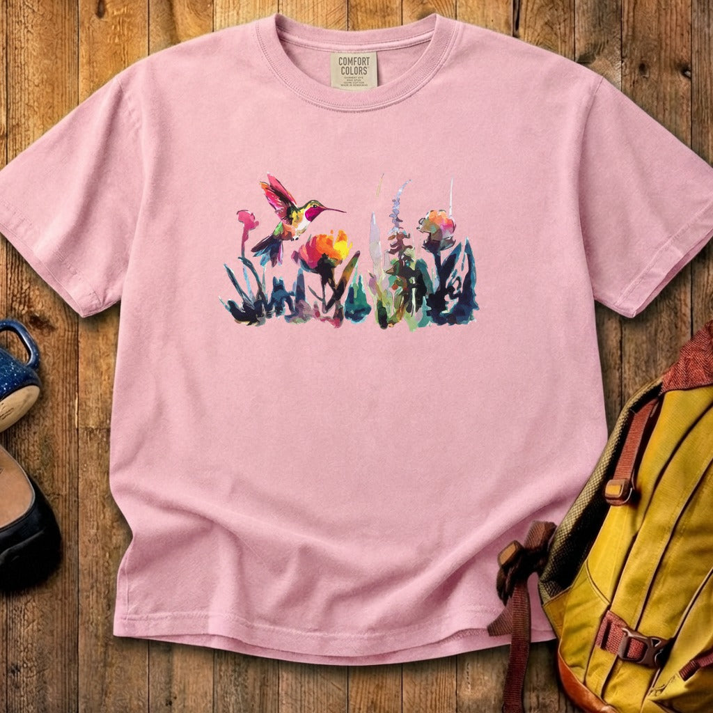 Watercolor Hummingbird with Flowers Cotton T-Shirt