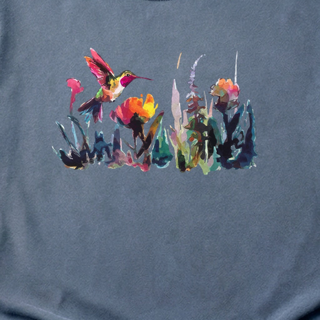 Watercolor Hummingbird with Flowers Cotton T-Shirt