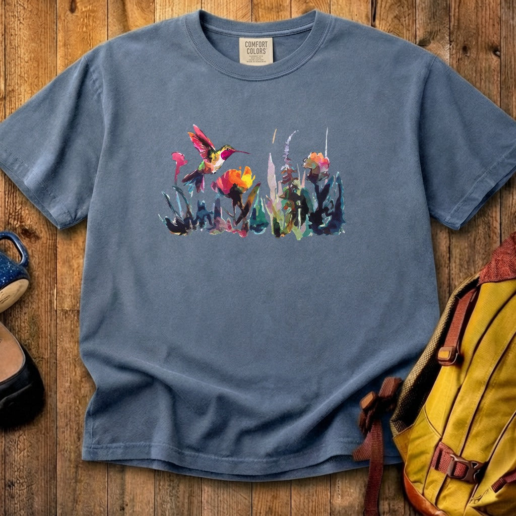 Watercolor Hummingbird with Flowers Cotton T-Shirt
