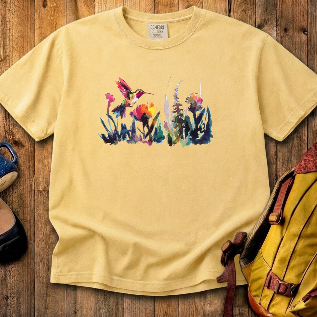 Watercolor Hummingbird with Flowers Cotton T-Shirt